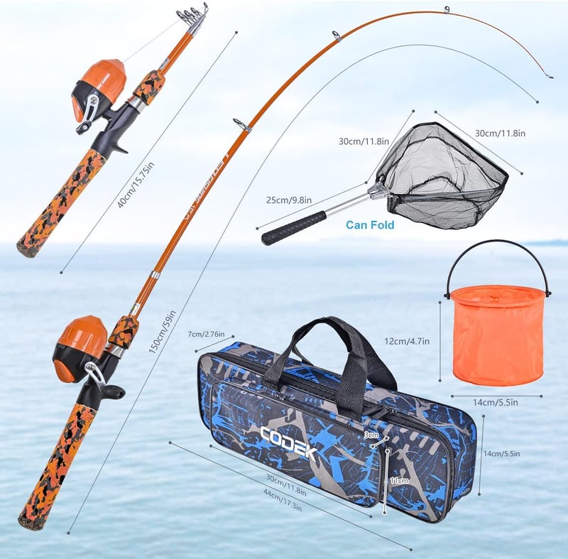 CODEK Kids Fishing Pole Set with Full Starter Kits 2 Set Portable Telescopic Fishing Rod and Spincast Reel Cambos with a Fishing Net and 2 Buckets for Boys Girls and Youth - Image 4